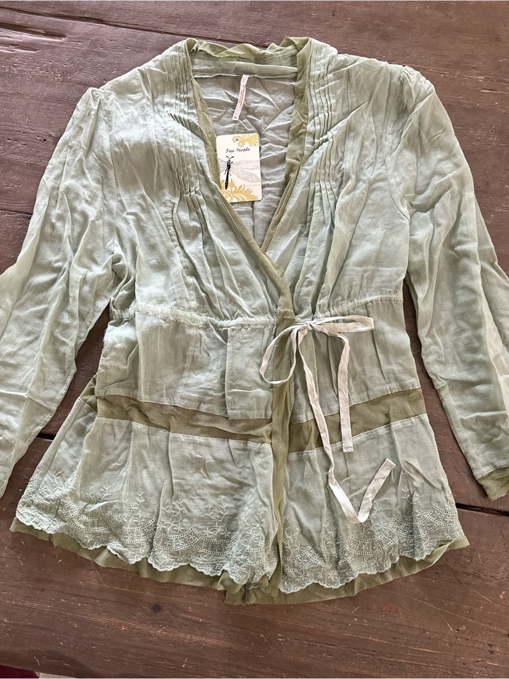 Free People Sage Green Wrap Top with Lace Trim